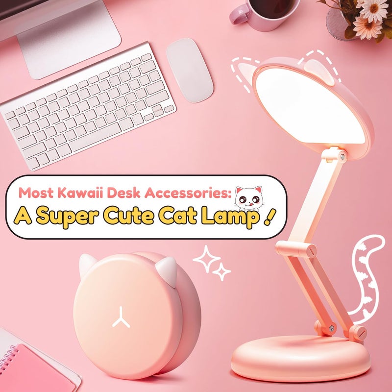 One Fire Cute Desk Lamp Pink Dorm Lamps for College Girls Foldable Portable Rechargeable Dimmable Cute Cat Lamp Kawaii Room Decor,College Dorm Decor for Girls Pink Classroom Essentials - Image 5